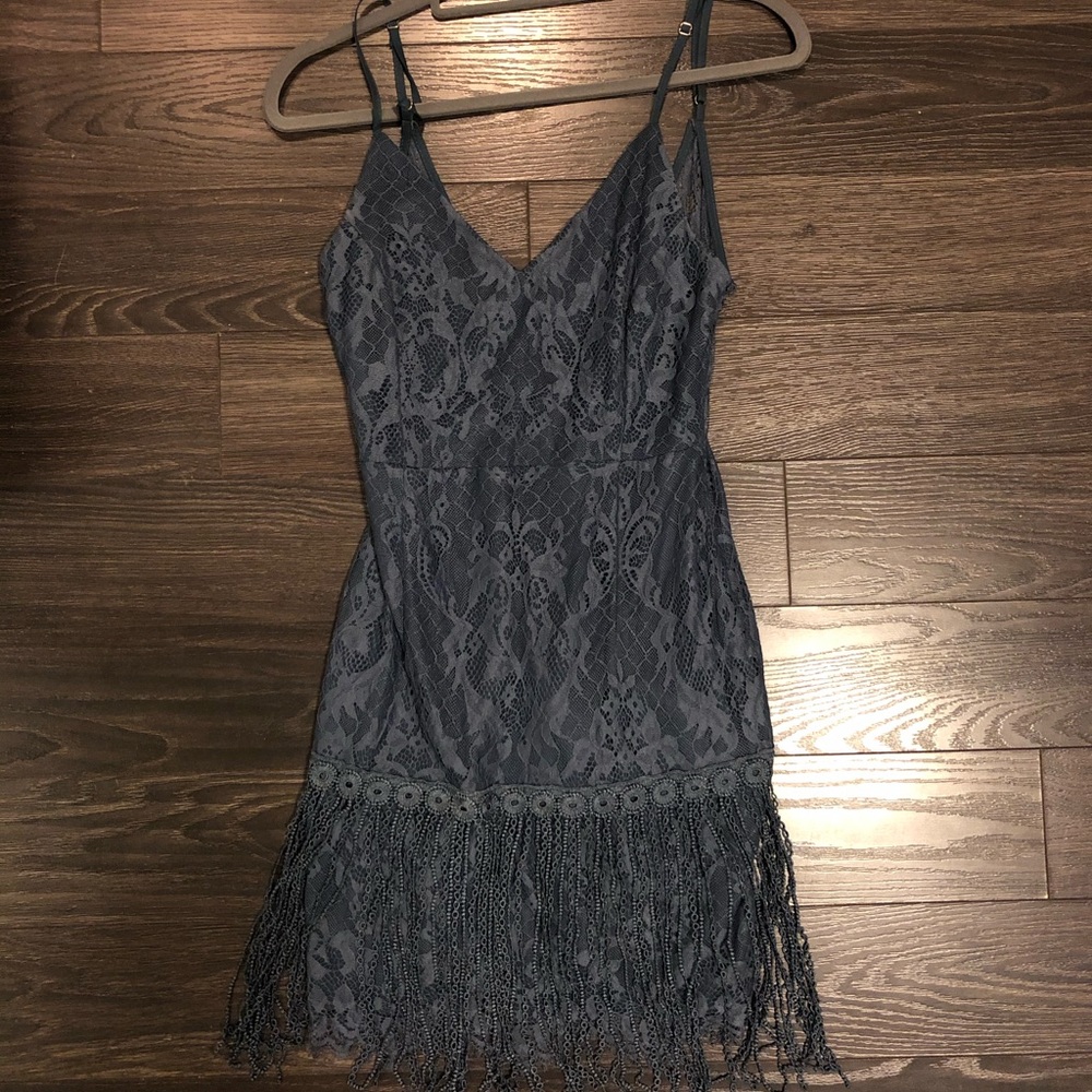 Slate blue lace dress with fringe hem